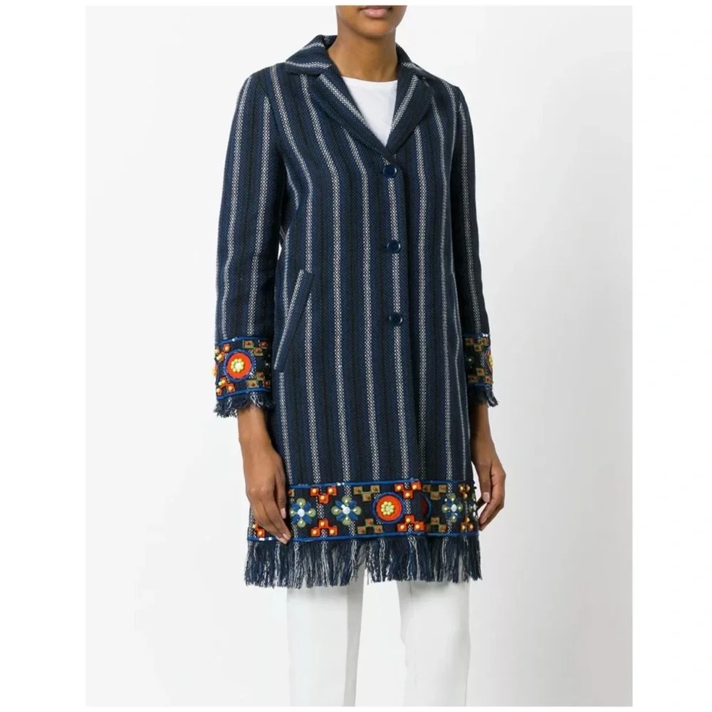 Tory Burch Luna Embellished Coat Black Navy